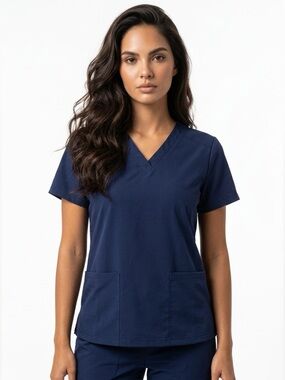 ADAR - V-Neck Short Sleeve Scrub Top in Navy